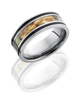 TITANIUM WEDDING RING FLAT SHAPE WITH CAMO DESIGN AND GROOVES NEAR EDGES 8MM