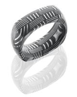 DAMASCUS STEELWEDDING RING SOFT SQUARE WITH  BASKET PATTERN AND ACID FINISH 8MM