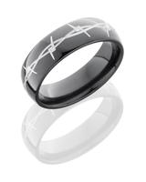 BLACK ZIRCONIUM WEDDING RING WITH SILVER COLORED  BARBED WIRE DESIGN 7MM