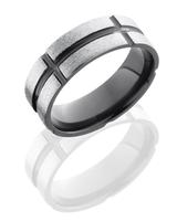 SILVER COLORED ZIRCONIUM WEDDING RING WITH BLACK GROOVES 8MM