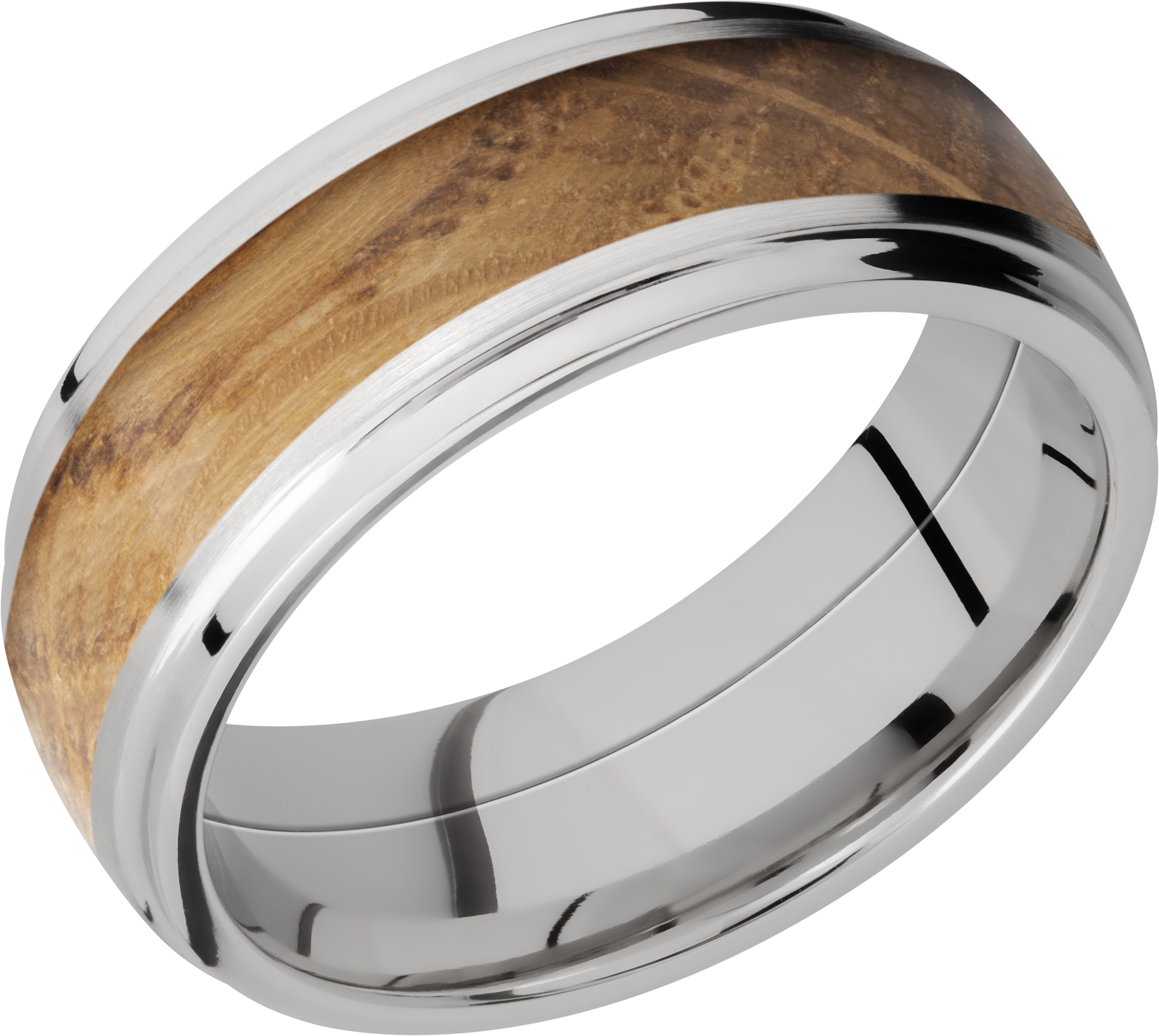Cobalt chrome 8mm domed band with grooved edges and an inlay of Whiskey Barrel hardwood