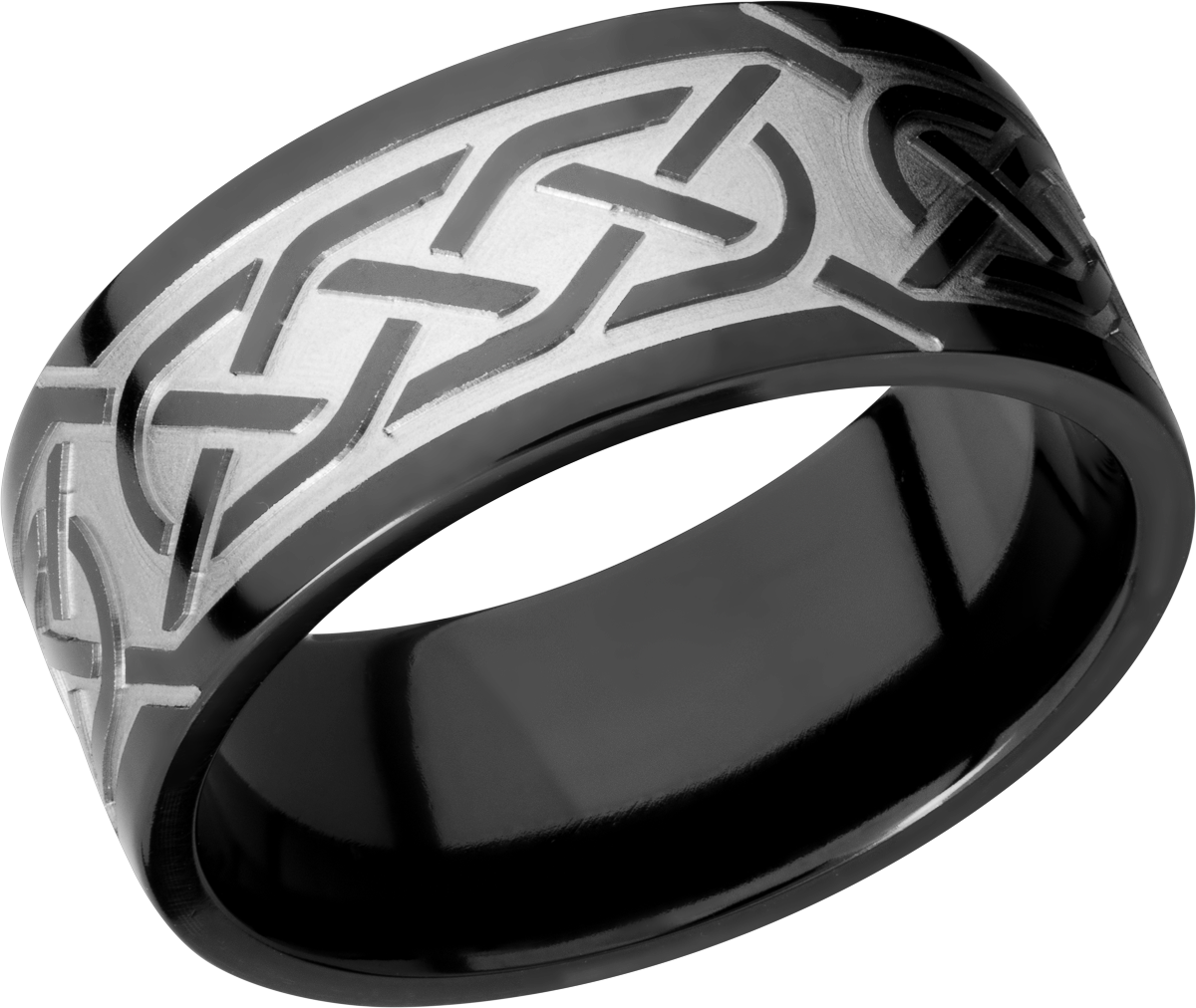 Zirconium 9mm flat band with a laser-carved celtic pattern
