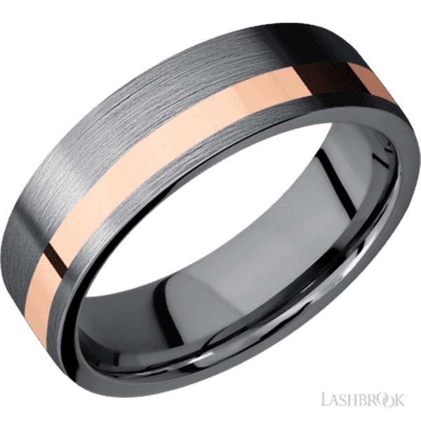 7 mm wide/Flat/Tantalum band with one 2 mm Off Center inlay of 14K Rose Gold