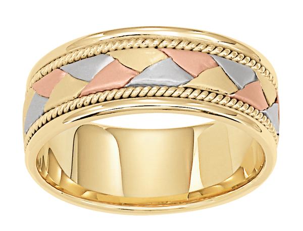 14KT THREE COLOR GOLD WEDDING RING WITH FLAT BRAID IN CENTER 8MM