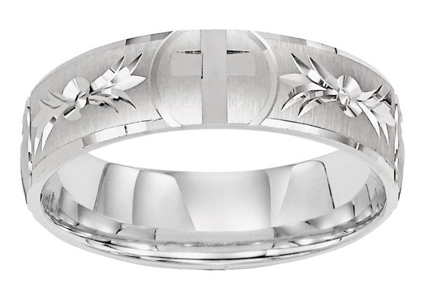 WHITE GOLD 6MM CROSS AND GARLAND ENGRAVED BAND