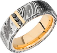 Handmade 7mm Woodgrain Damascus steel band featuring 3, 03ct channel-set black diamonds and a 14K yellow gold sleeve