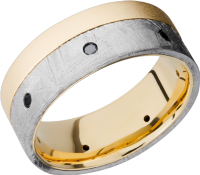 18K yellow gold flat band with an off-center inlay of authentic Gibeon Meteorite and 7, 04ct flush-set black diamonds