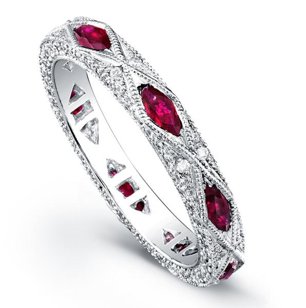 18K GOLD MARQUISE RUBY AND DIAMOND VINTAGE STYLE WEDDING RING