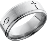 Titanium 8mm flat band with grooved edges and a laser-carved cross pattern