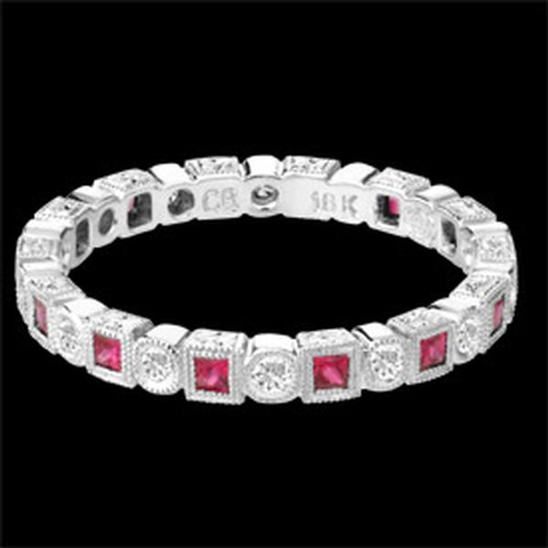 18K GOLD ETERNITY WEDDING RING HAS ROUND DIAMONDS AND SQUARE RUBIES