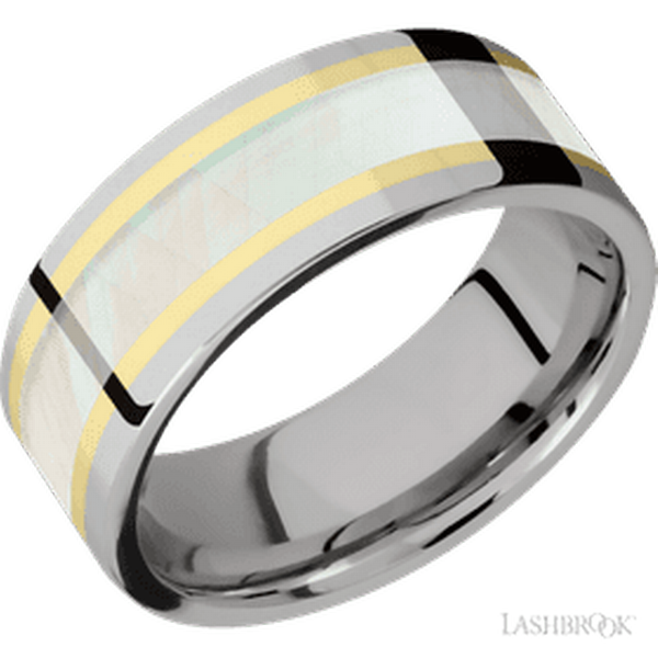 8 mm wide/Flat/Titanium band featuring inlays of 14K Yellow Gold and Freshwater Mother of Pearl 8F16/14KY14/WMOP