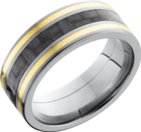 Titanium 8mm flat band with a 3mm inlay of black Carbon Fiber and 2, 1mm inlays of 14K Yellow Gold on either side