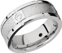 Cobalt chrome 8mm beveled band with four segments bezel-set with 07ct white diamonds in an inlay of authentic Gibeon Meteorite