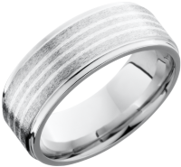 Cobalt chrome 8mm flat band with grooved edges featuring 3, 5mm inlays of sterling silver