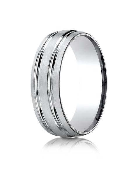 White Gold Comfort-Fit 7mm Satin-Finished with Parallel Grooves Carved Design Band