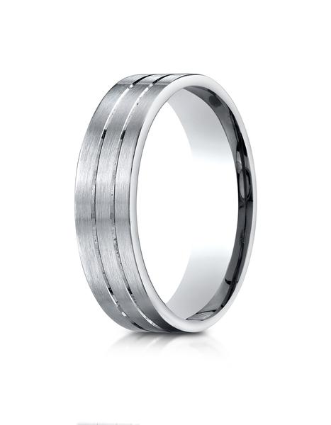 White Gold 6mm Comfort Fit Satin-Finished with Parallel Center Cuts Carved Design Band