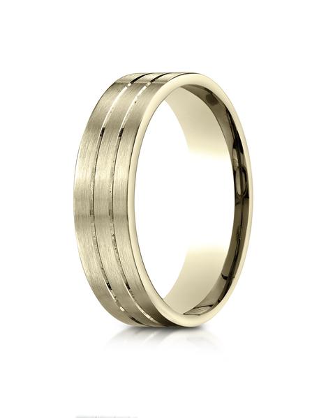 Yellow Gold 6mm Comfort-Fit Satin-Finished with Parallel Center Cuts Carved Design Band