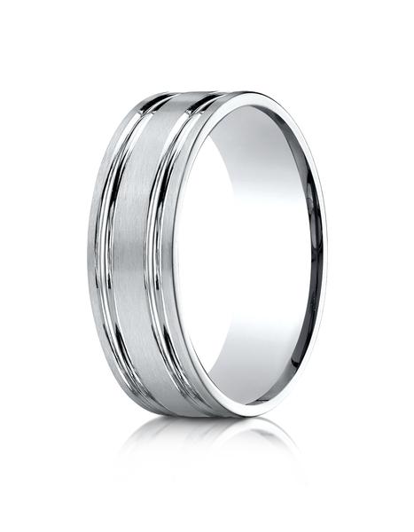 White Gold 7mm Comfort-Fit Satin-Finished with Parallel Grooves Carved Design Band