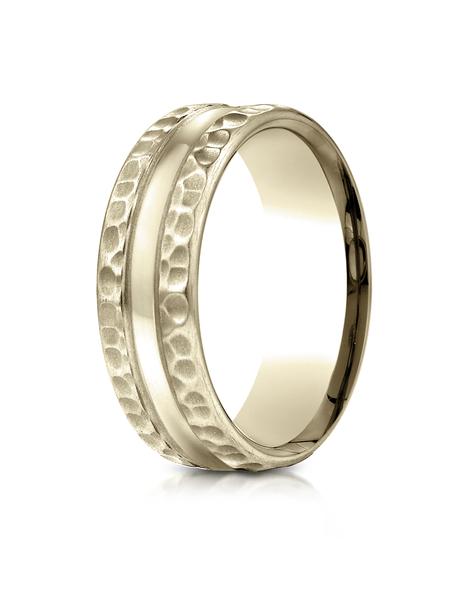 Yellow Gold 75mm Comfort Fit Hammered Finish Center Cut Design Band