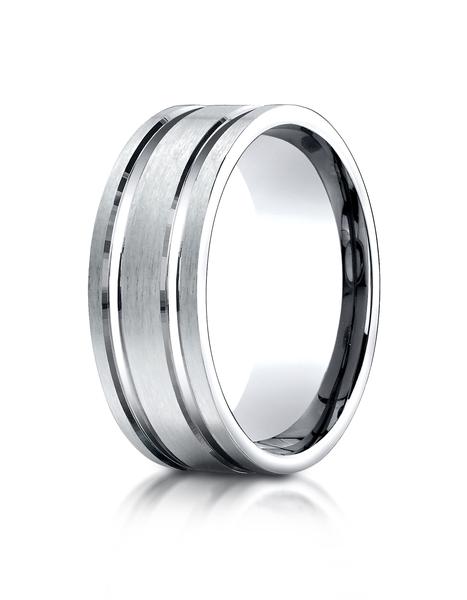 White Gold 8mm Comfort-Fit Satin-Finished with Parallel Grooves Carved Design Band