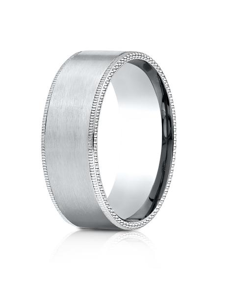 White Gold 8mm Comfort-Fit Riveted Edge Satin Finish Design Band