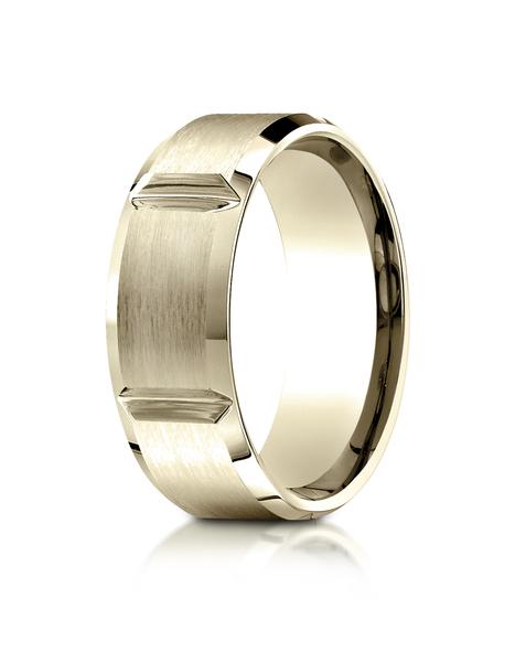 Yellow Gold 8mm Comfort-Fit Satin-Finished Grooves Carved Design Band