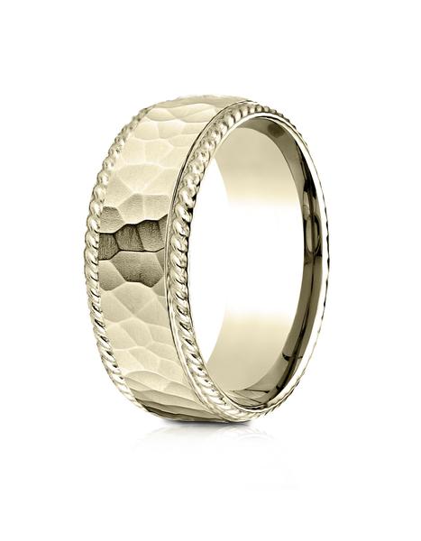 Yellow Gold 8mm Comfort-Fit Rope Edge Hammered Finish Design Band