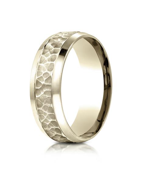Yellow Gold 75mm Comfort Fit Hammered Finish Beveled Edge Design Band