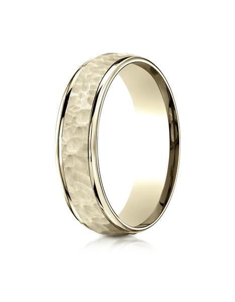 Yellow Gold Comfort Fit 6mm High Polish Edge Hammered Center Design Band