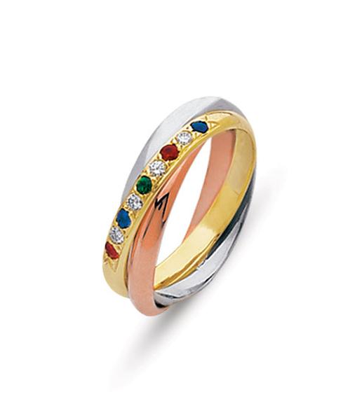 14K THREE COLOR GOLD STATONARY ROLLING RING SET WITH PRECIOUS STONES