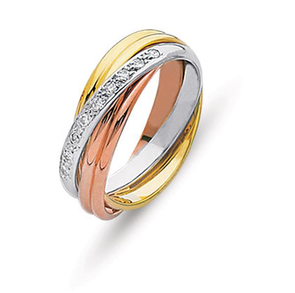 TRICOLOR STATIONARY THREE BAND DIAMOND RING IN GOLD