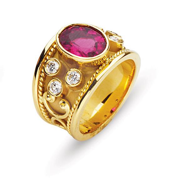 18K GOLD BYZANTINE STYLE WEDDING RING WITH PINK TOURMALINE AND DIAMONDS ...