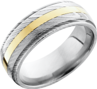 Handmade 8mm Damascus steel domed band with grooved edges and an inlay of 14K yellow gold