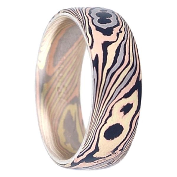 TRI COLOR GOLD AND SHAKUDO WEDDING RING WOODGRAIN LINED WITH MOKUME 5MM