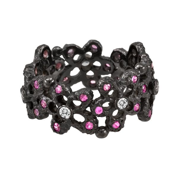 BLACKENED GOLD FLORAL DESIGN CHISELED SURFACE WITH PINK SAPPHIRES AND DIAMONDS