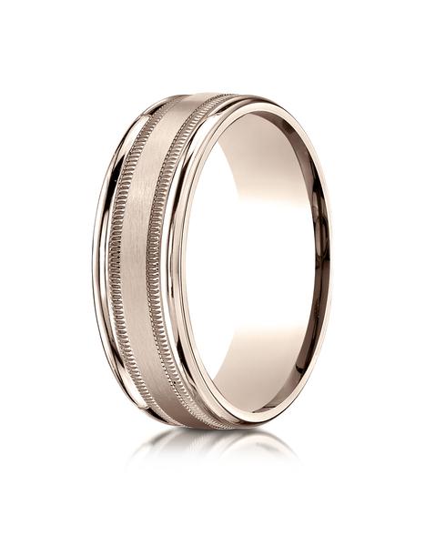 14k Rose Gold 7mm Comfort-Fit Satin Finish with Millgrain Round Edge Carved Design Band