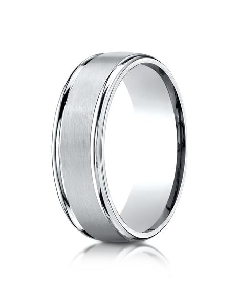 White Gold 7mm Comfort-Fit Satin Finish High Polished Round Edge Carved Design Band