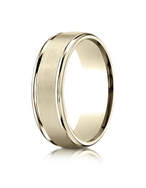 Yellow Gold 7mm Comfort-Fit Satin Finish High Polished Round Edge Carved Design Band
