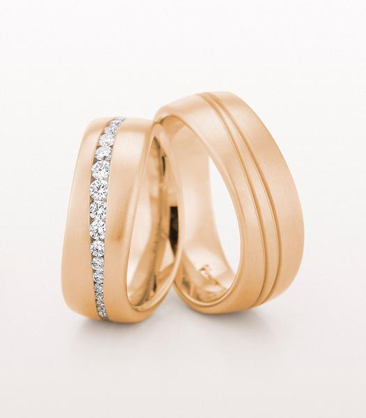 ROSE GOLD WEDDING RING LOW DOME SET WITH TAPERED DIAMONDS 75MM - RING ON LEFT