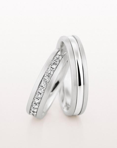 DIAMOND ETERNITY WEDDING RING WITH SATIN EDGES 5MM - RING ON LEFT