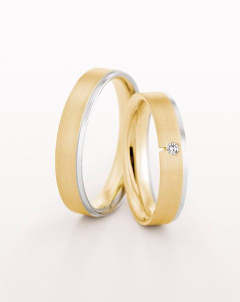 WEDDING RING YELLOW GOLD SATIN FINISH WITH ONE WHITE GOLD EDGE 45MM - RING ON LEFT