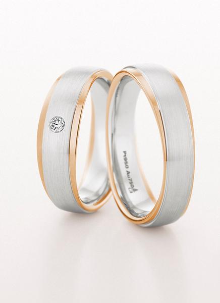 WEDDING RING SATIN FIONISH WHITE AND ROSE GOLD 6MM WITH DIAMOND - RING ON LEFT