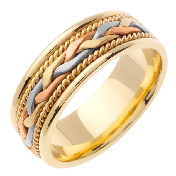 14KT WEDDING RING YELLOW GOLD WITH TWISTS AND THREE COLOR BRAID 7MM