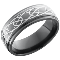 Zirconium 8mm domed band with grooved edges and a laser-carved celtic pattern