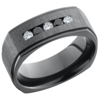 Zirconium 8mm flat square band with grooved edges and 3, 05ct black diamonds and 2, 05ct white diamonds channel-set