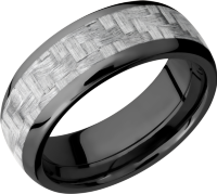 Zirconium 8mm domed band with a 5mm inlay of Carbon Fiber in a silvertone color