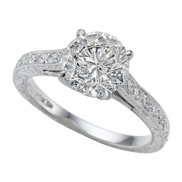 PAVE SET HAND ENGRAVED ENGAGEMENT RING
