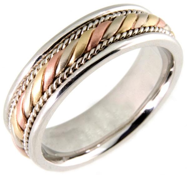 14 KT WHITE GOLD WEDDING RING WITH THREE COLOR GOLD CENTER 7MM