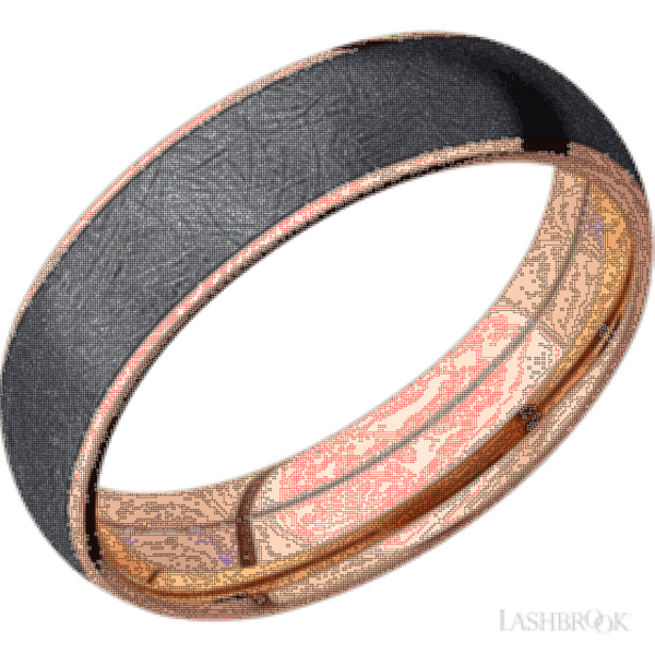 6 mm wide/Domed/14K Rose Gold band with one 5 mm Centered inlay of Tantalum.