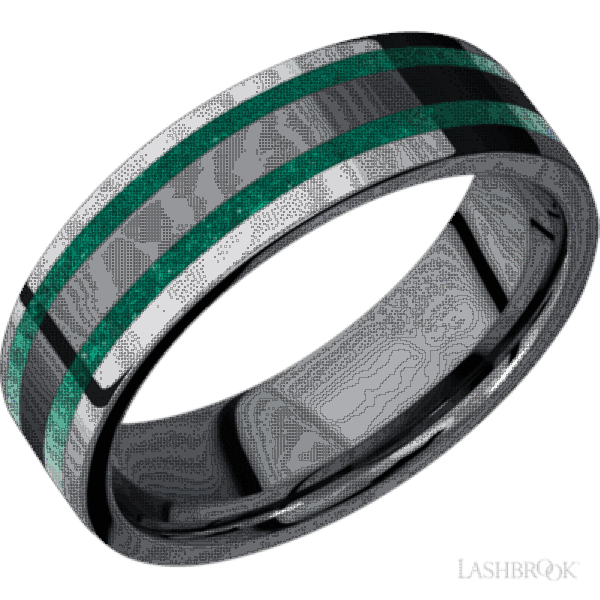 7 mm wide/Flat/Tantalum band with two 1 mm Centered inlays of Malachite.